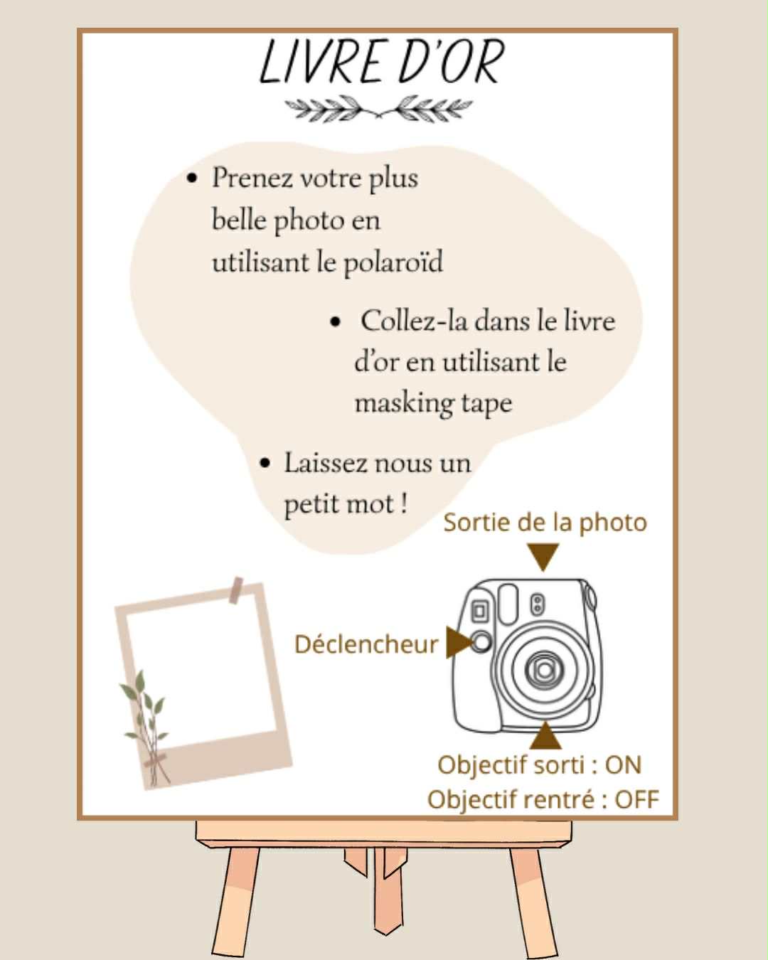 Fiche explicative polaroid livre d'or événement sur chevalet